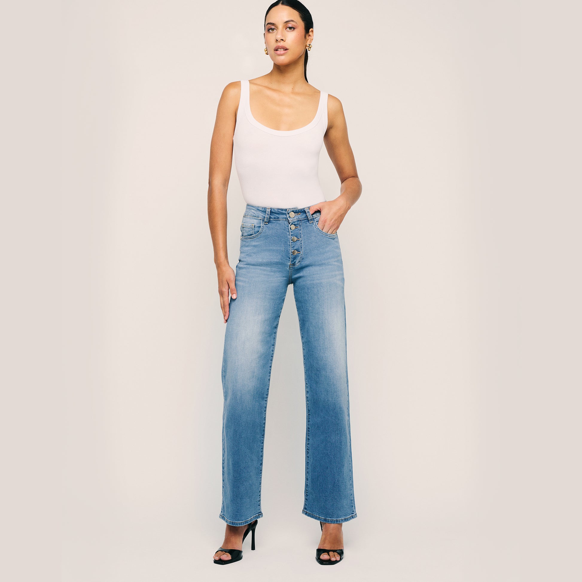 High Waisted Straight Buttons Closure Front Casual Denim Pants. Style 1016