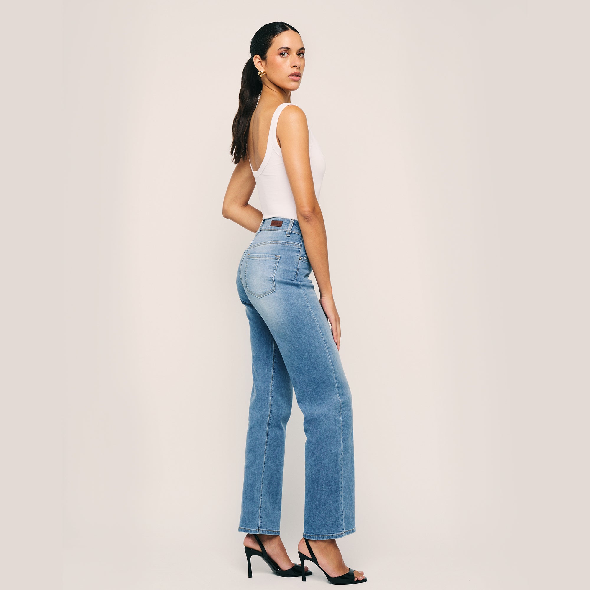 Image of High Waisted Straight Buttons Closure Front Casual Denim Pants. Style 1016