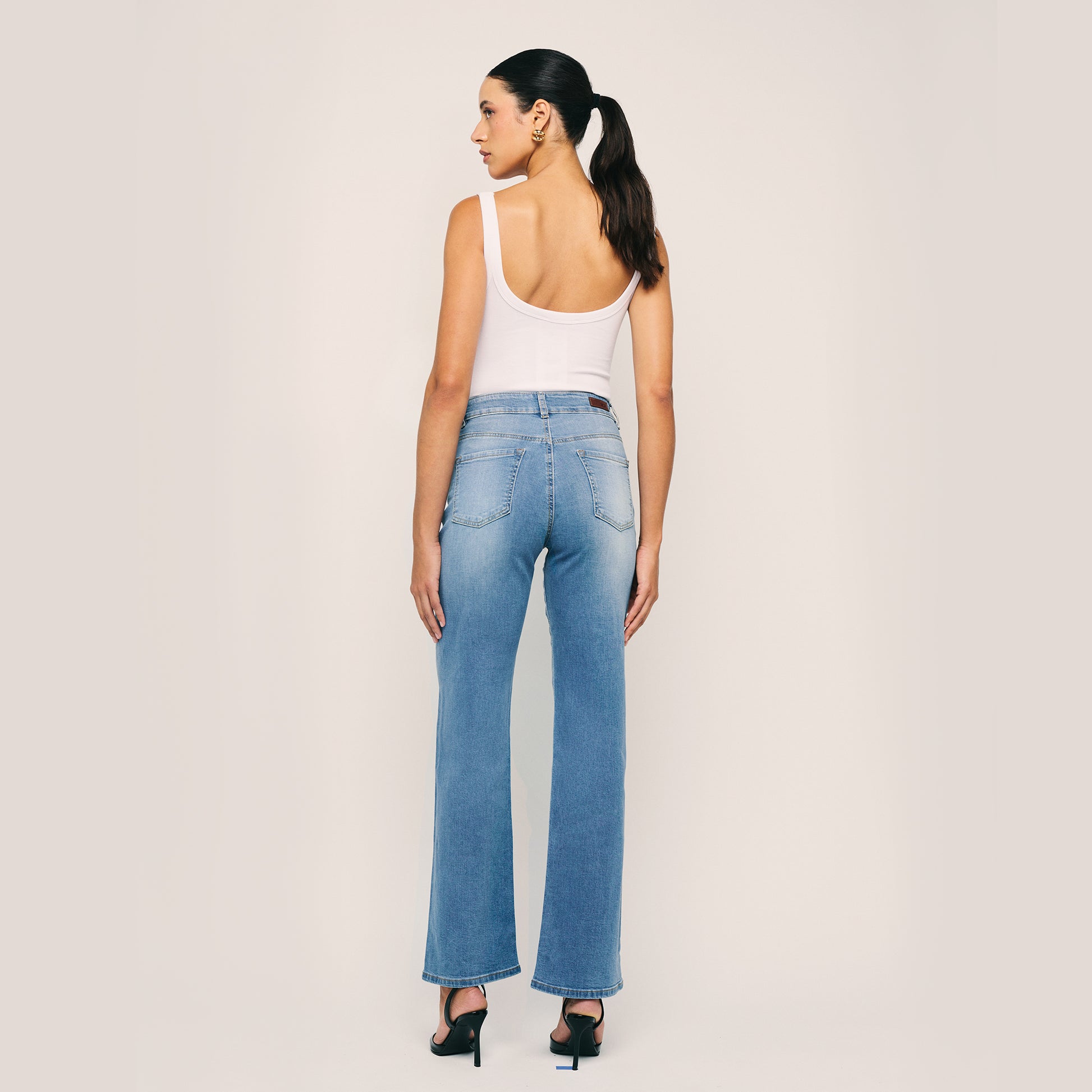 High Waisted Straight Buttons Closure Front Casual Denim Pants. Style 1016