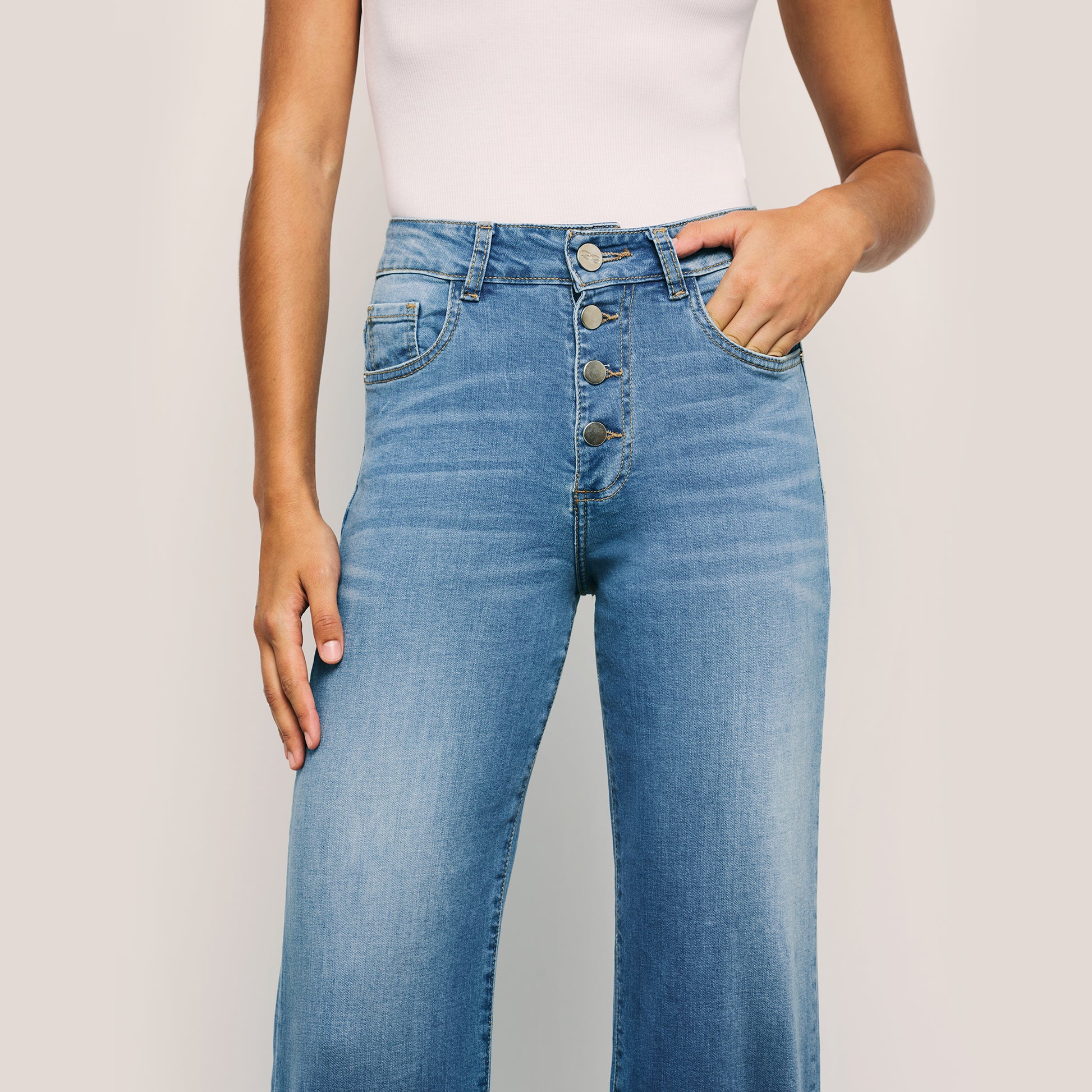 High Waisted Straight Buttons Closure Front Casual Denim Pants. Style 1016