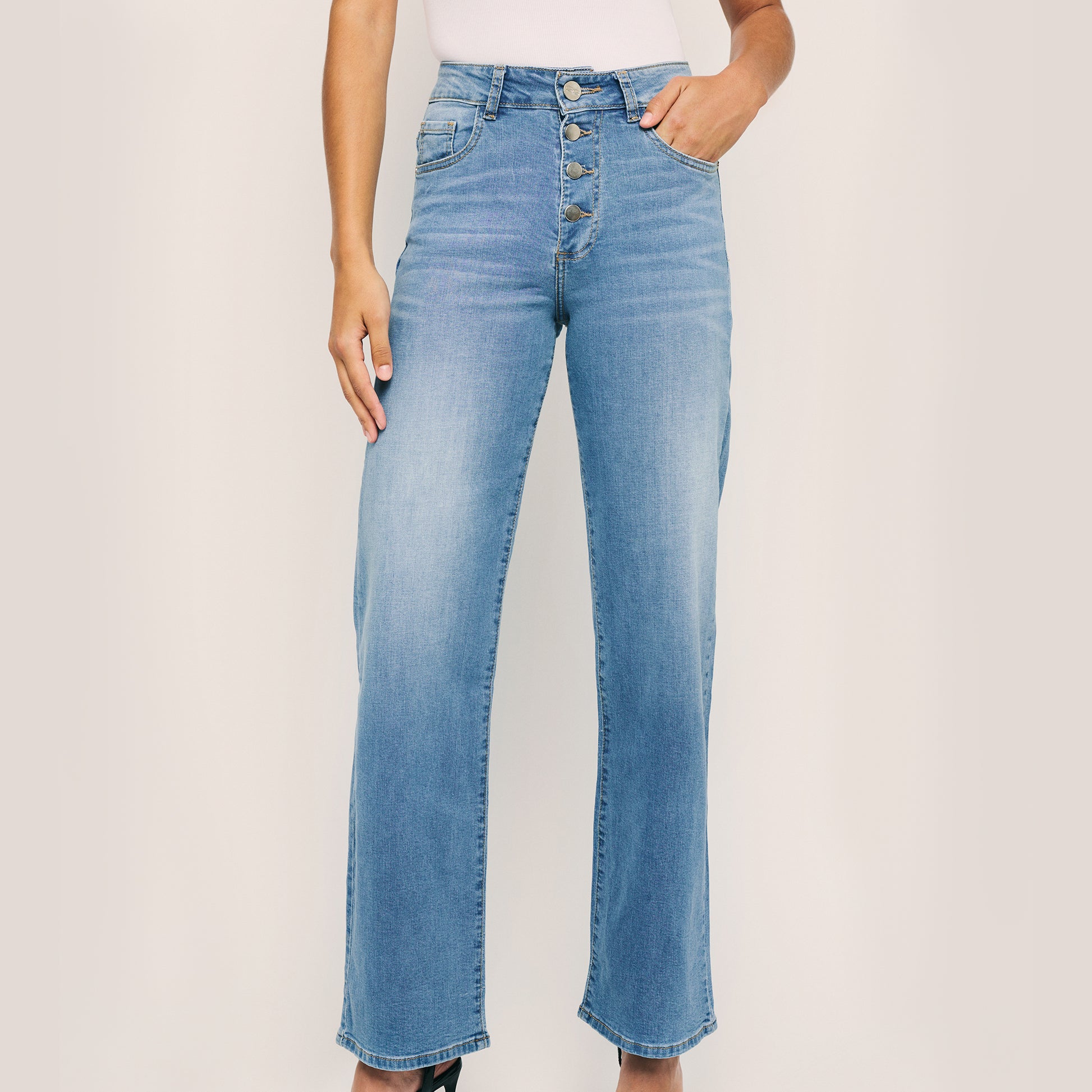 High Waisted Straight Buttons Closure Front Casual Denim Pants. Style 1016