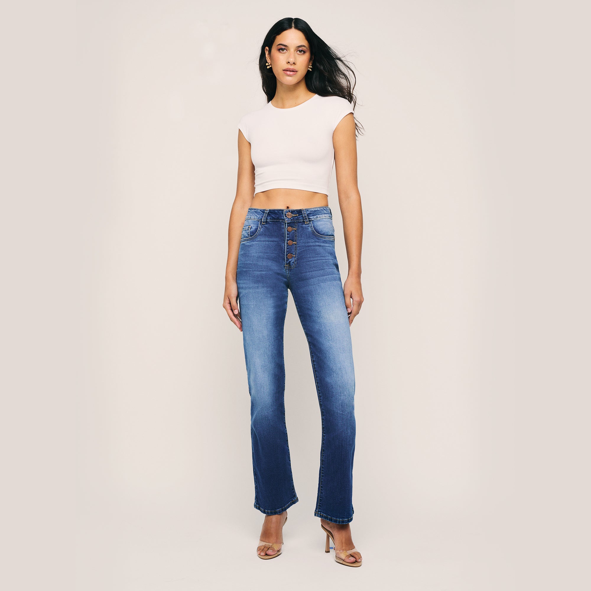 High Waisted Wide Leg Button Closure Jeans. Style 1025
