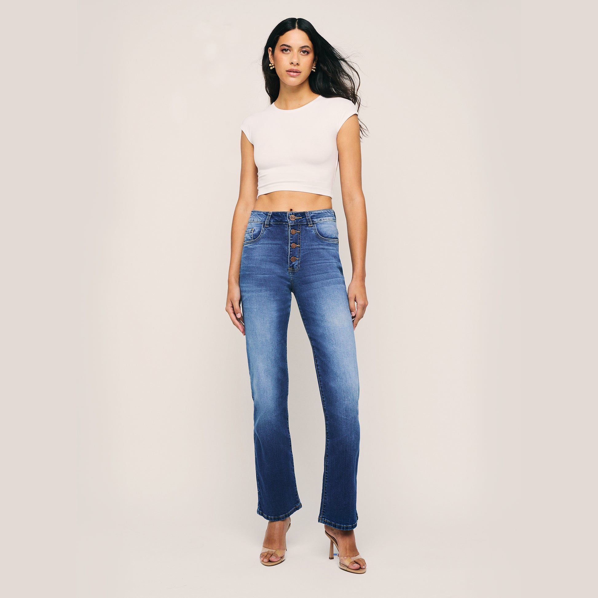 High Waisted Wide Leg Button Closure Jeans. Style 1025