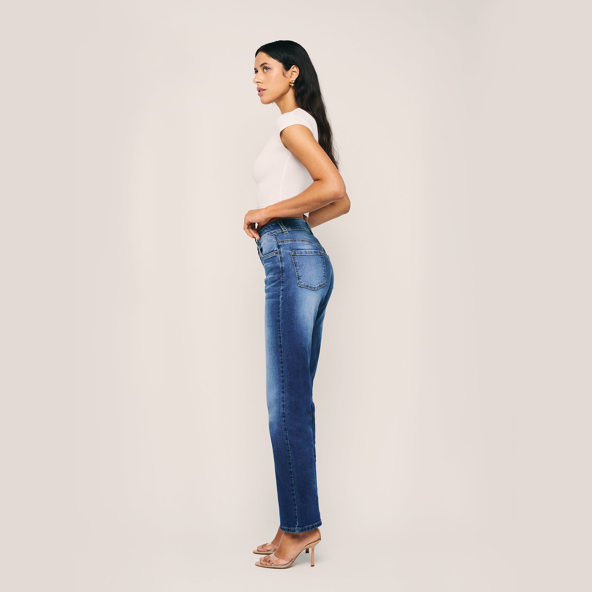 Image of High Waisted Wide Leg Button Closure Jeans. Style 1025