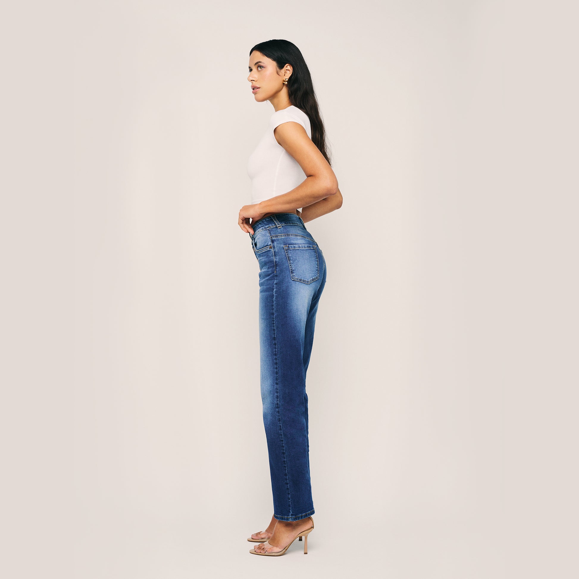 High Waisted Wide Leg Button Closure Jeans. Style 1025
