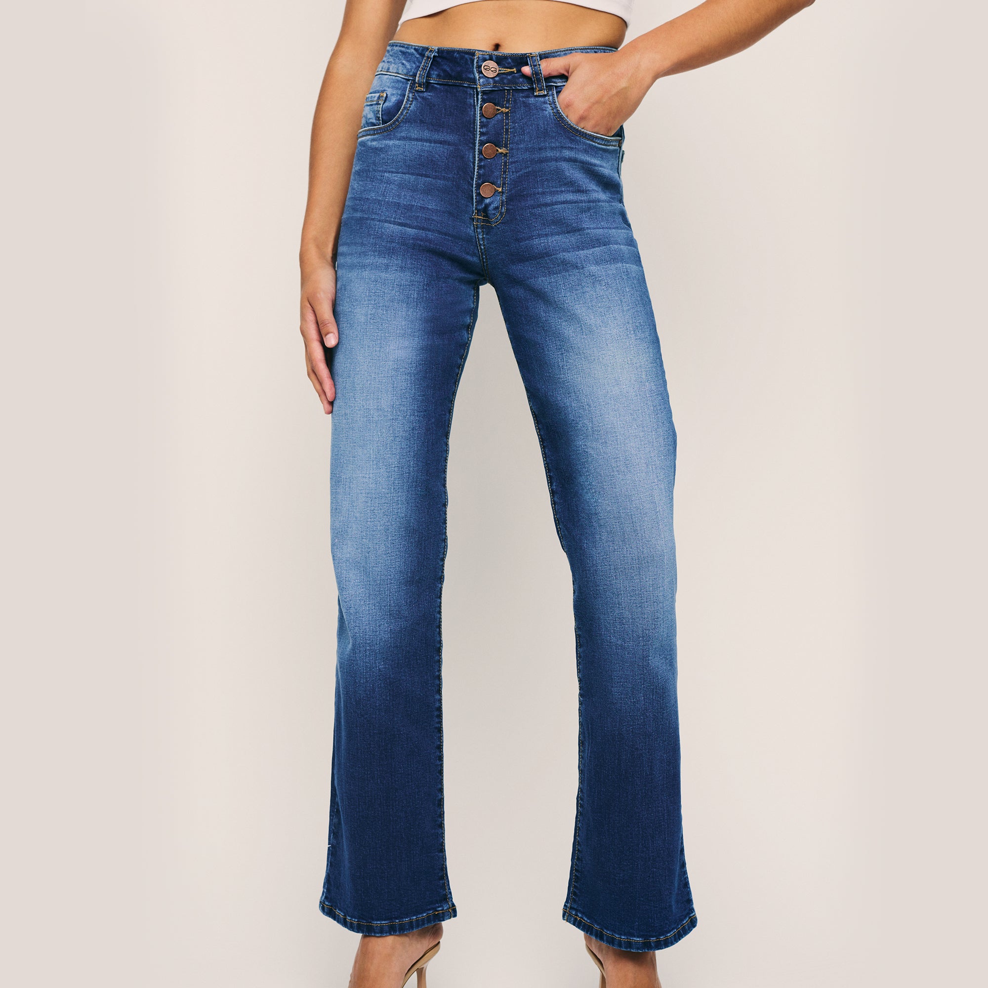 Image of High Waisted Wide Leg Button Closure Jeans. Style 1025