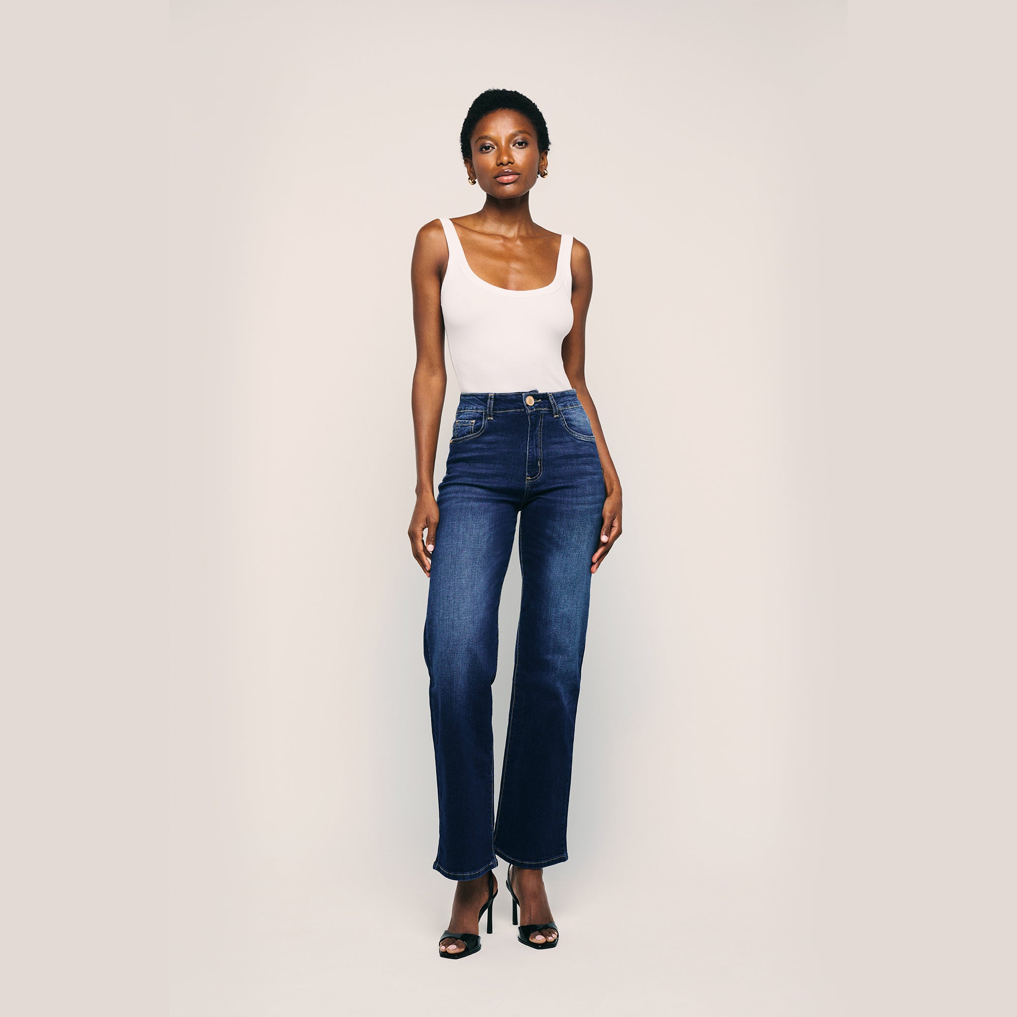 Image of High-Waisted Straight Jeans Wide-Leg Casual Denim Pants. Style 1001