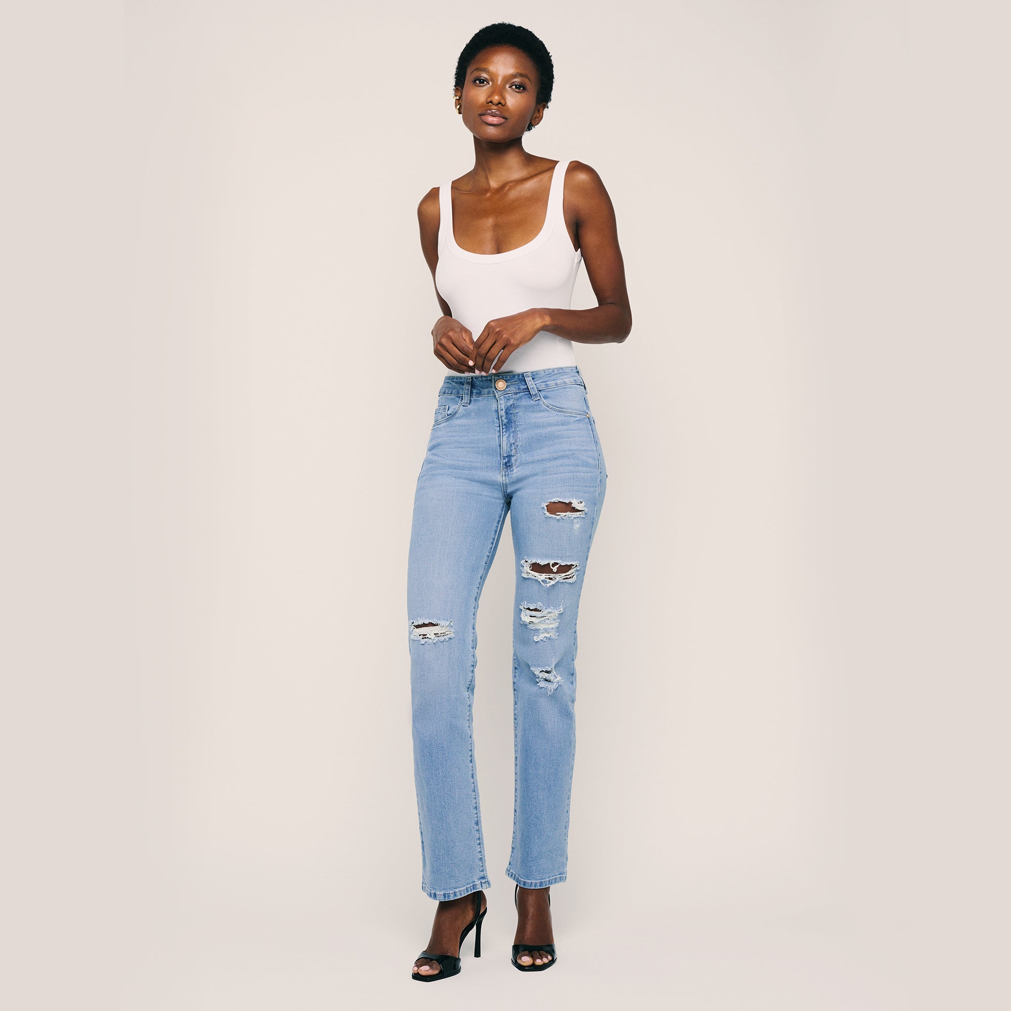 Image of High Waisted Straight Distressed Jeans. Style 1002