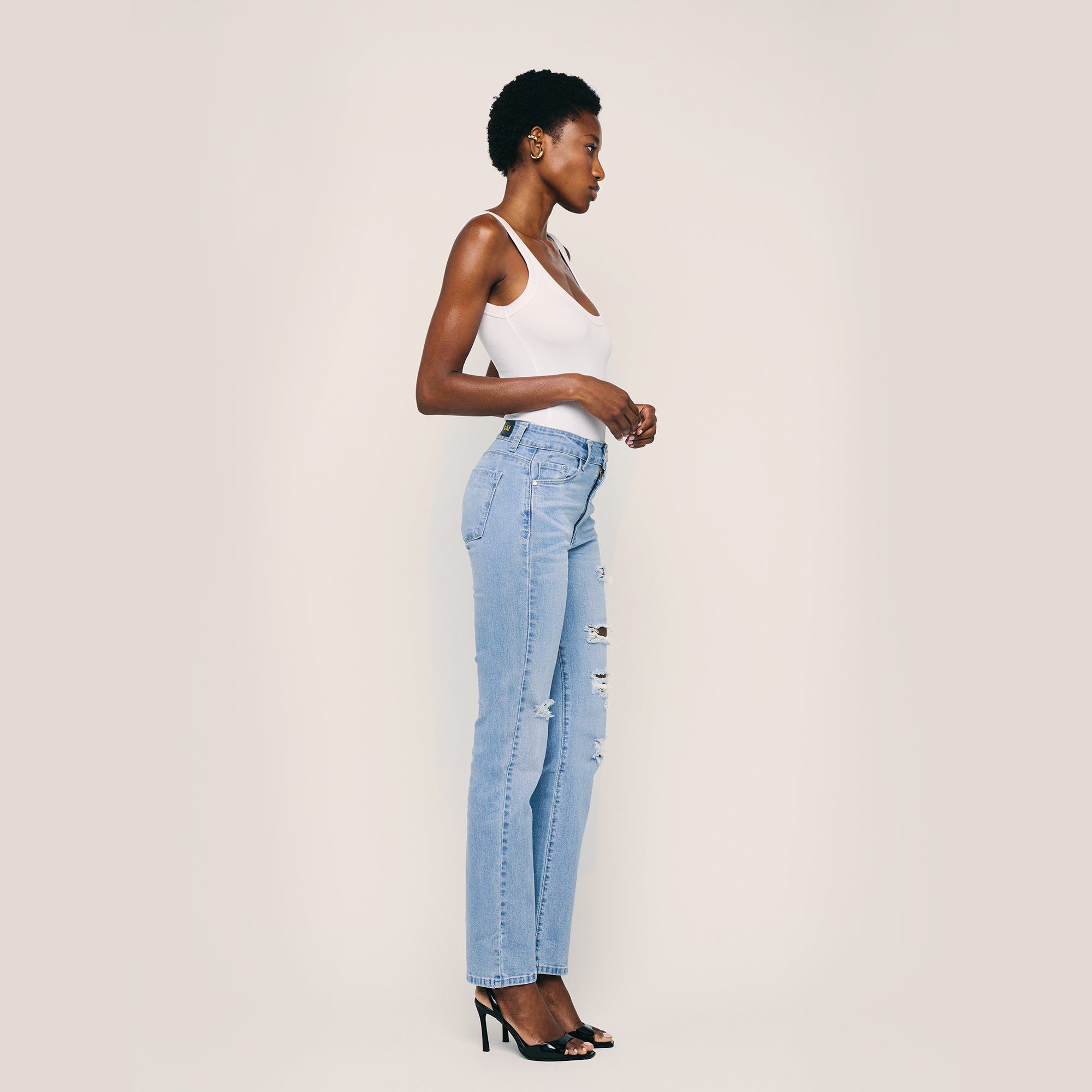Image of High Waisted Straight Distressed Jeans. Style 1002