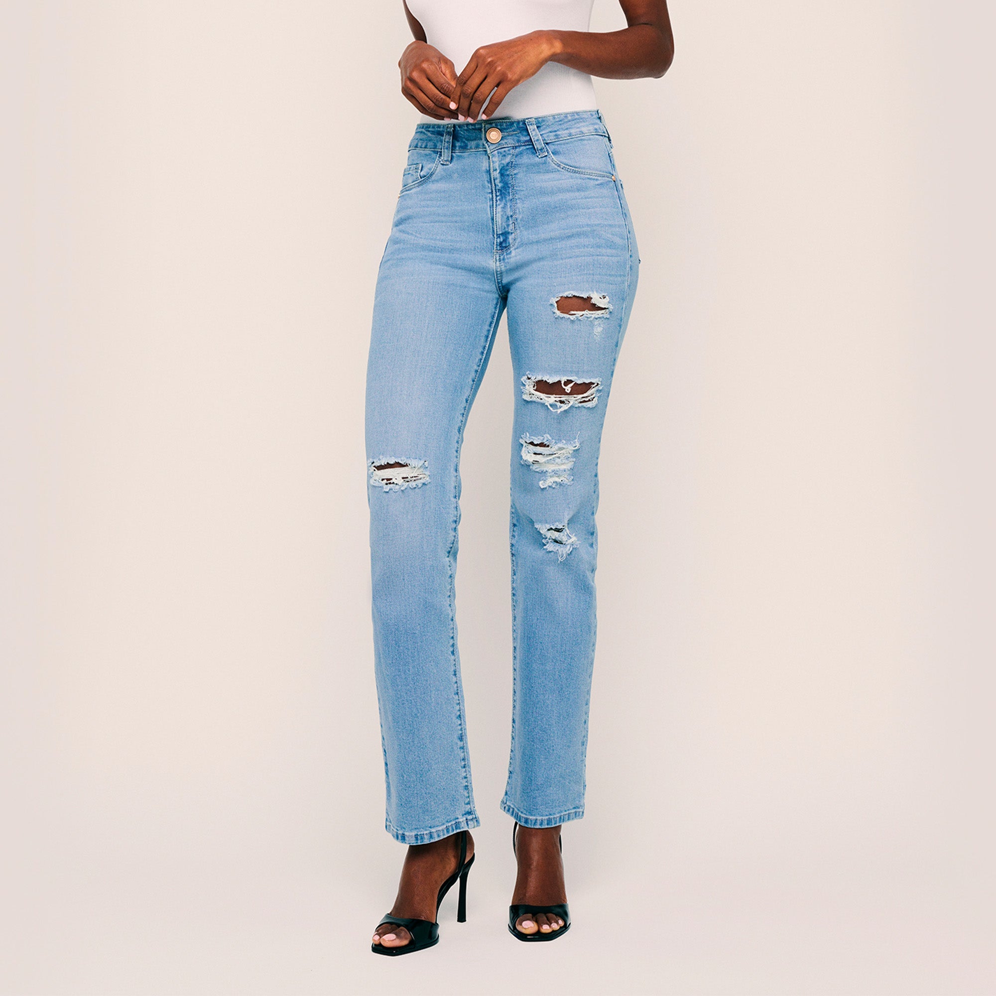 Image of High Waisted Straight Distressed Jeans. Style 1002