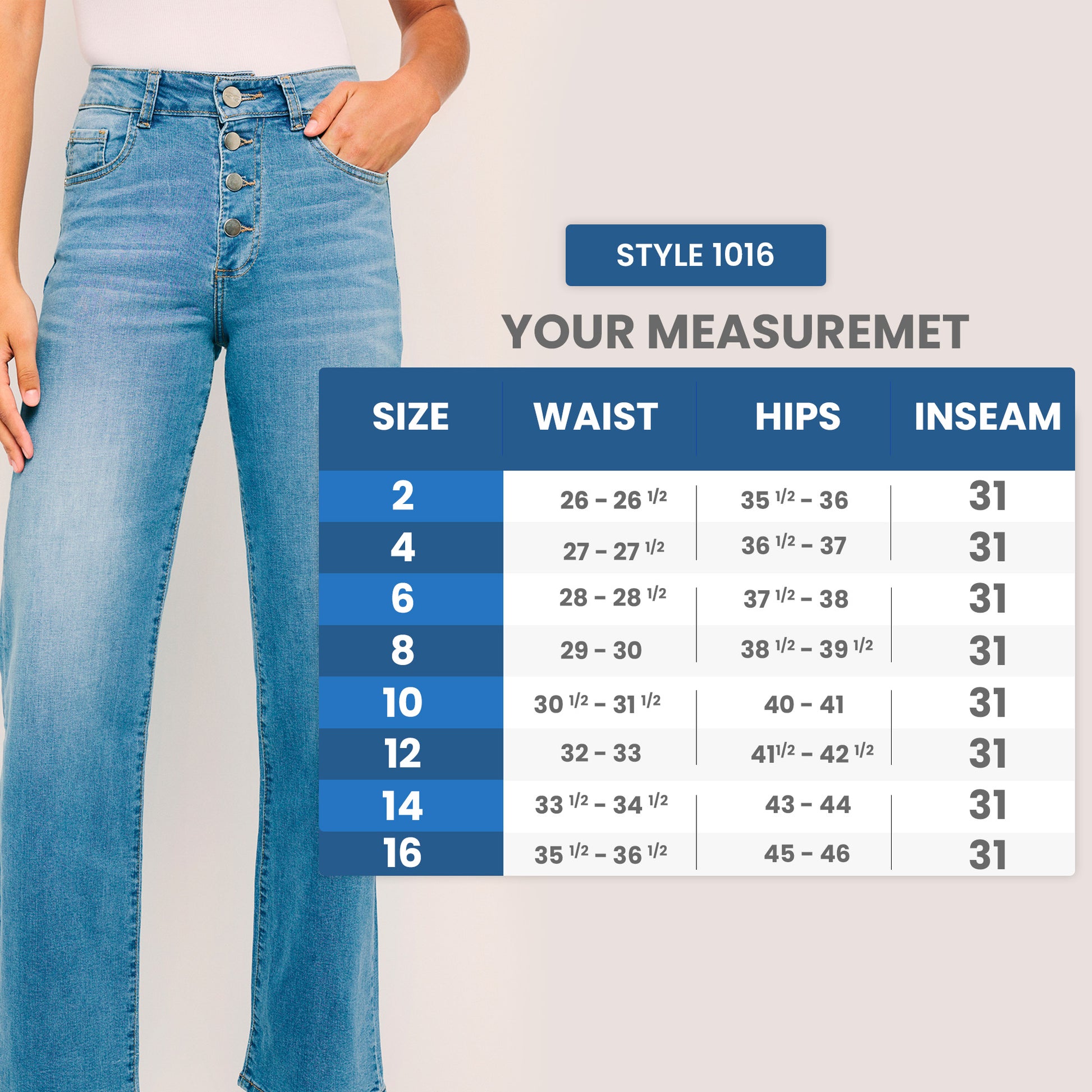High Waisted Straight Buttons Closure Front Casual Denim Pants. Style 1016