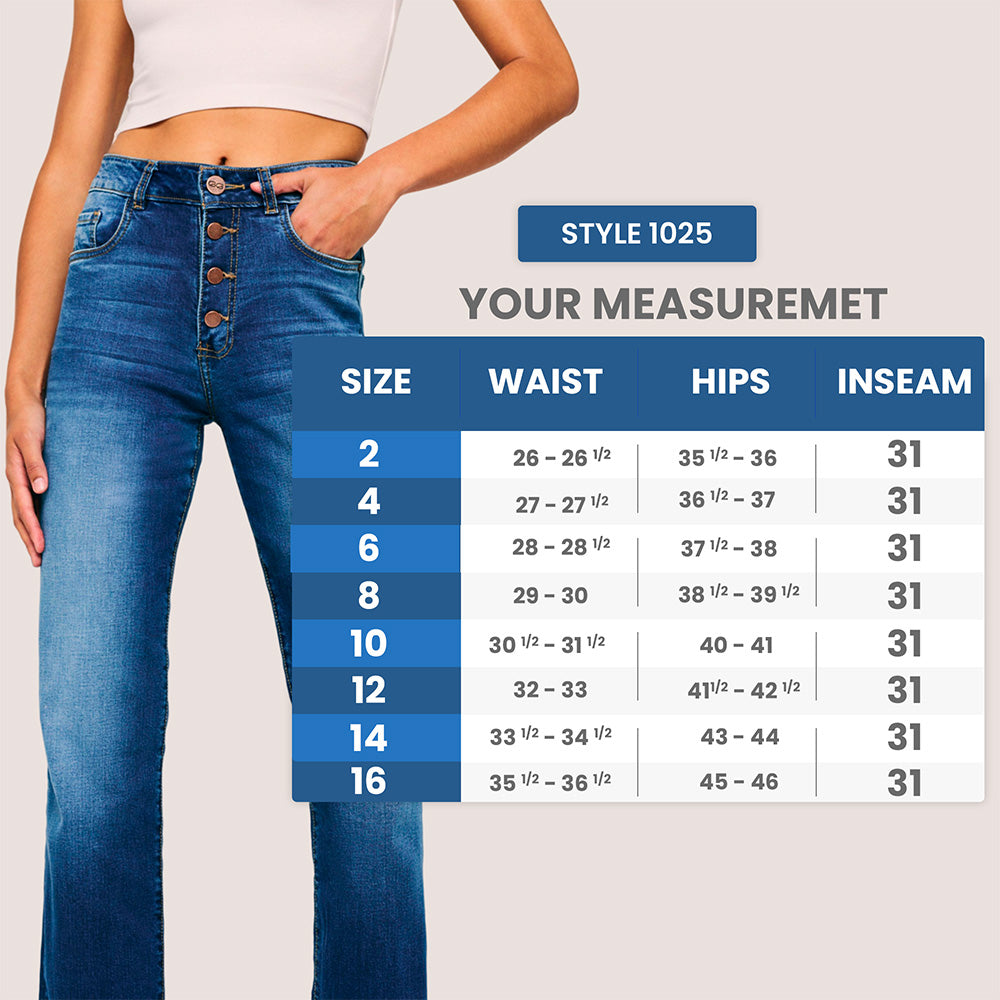 High Waisted Wide Leg Button Closure Jeans. Style 1025