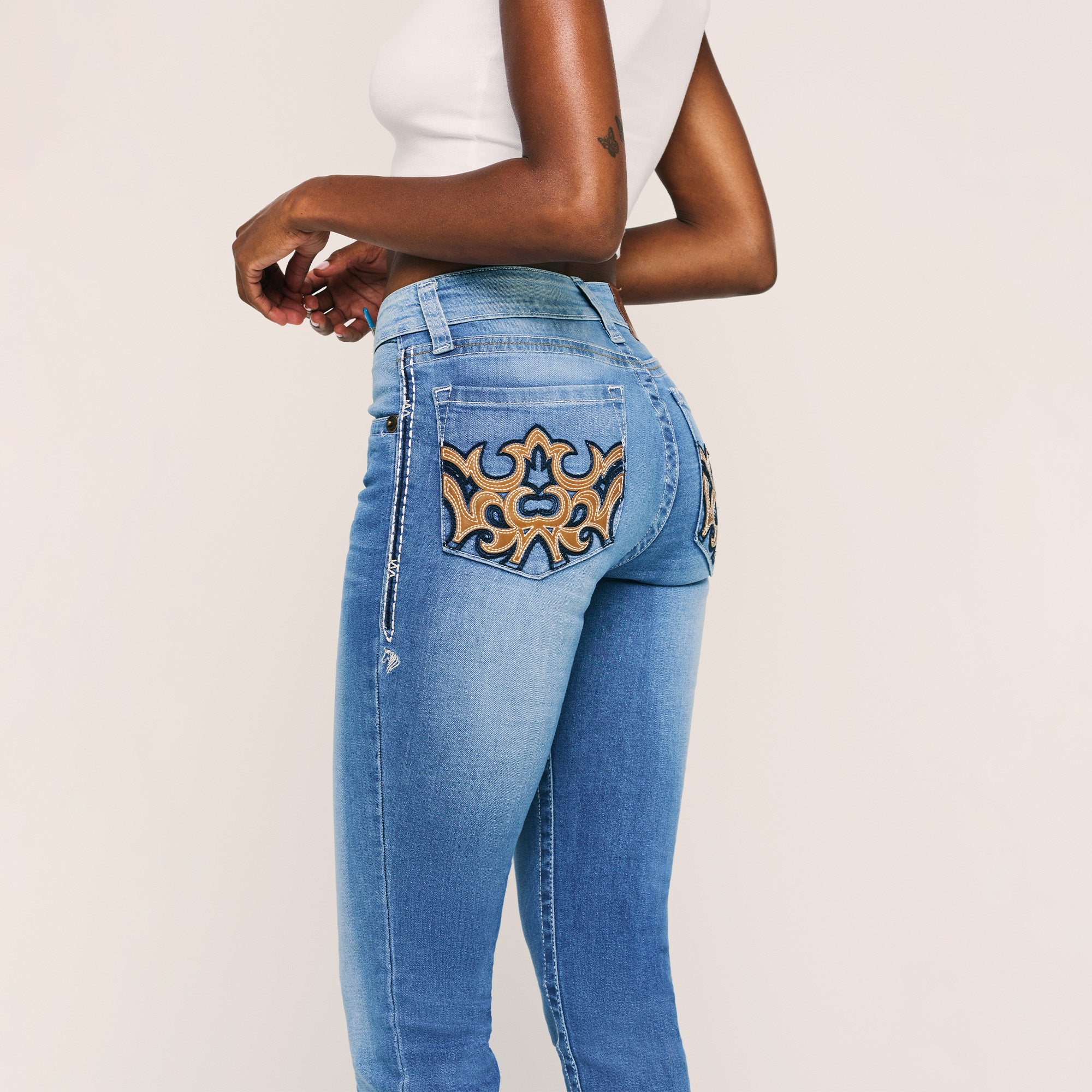 Image of Lazzo | Sophisticated P .U. Leather appliqué Boot-Cut Jeans