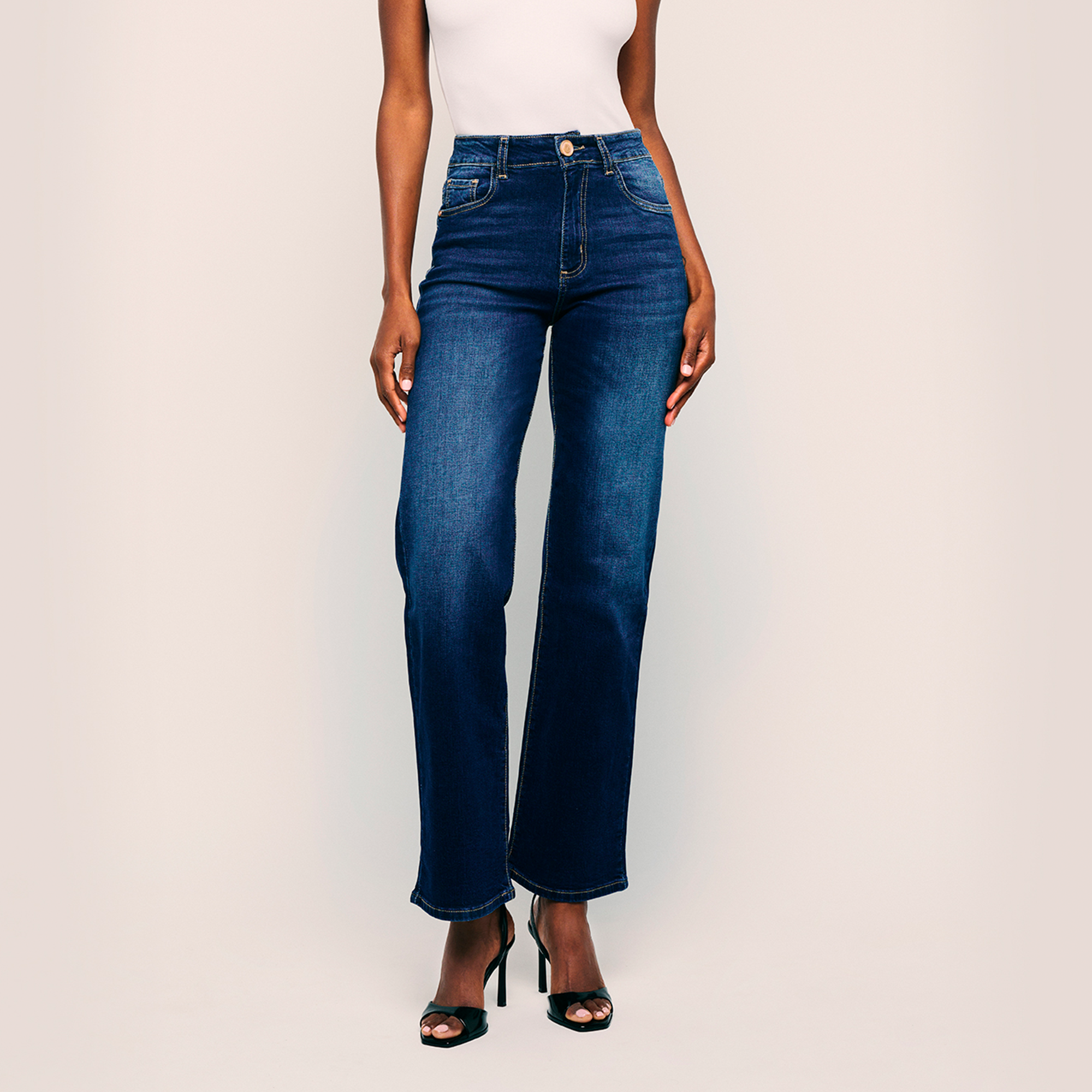 Image of High-Waisted Straight Jeans Wide-Leg Casual Denim Pants. Style 1001